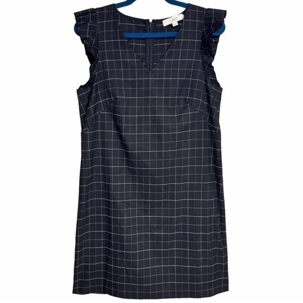 LOFT Black Shift Dress Ruffle Sleeve Plaid Check Career Preppy Women’s 10